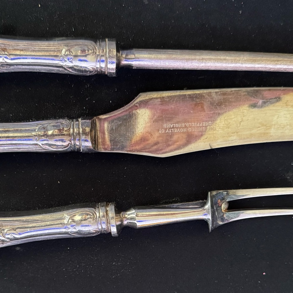 Vintage Sheffield Silver Plated Carving Knife and Fork with Sharpener